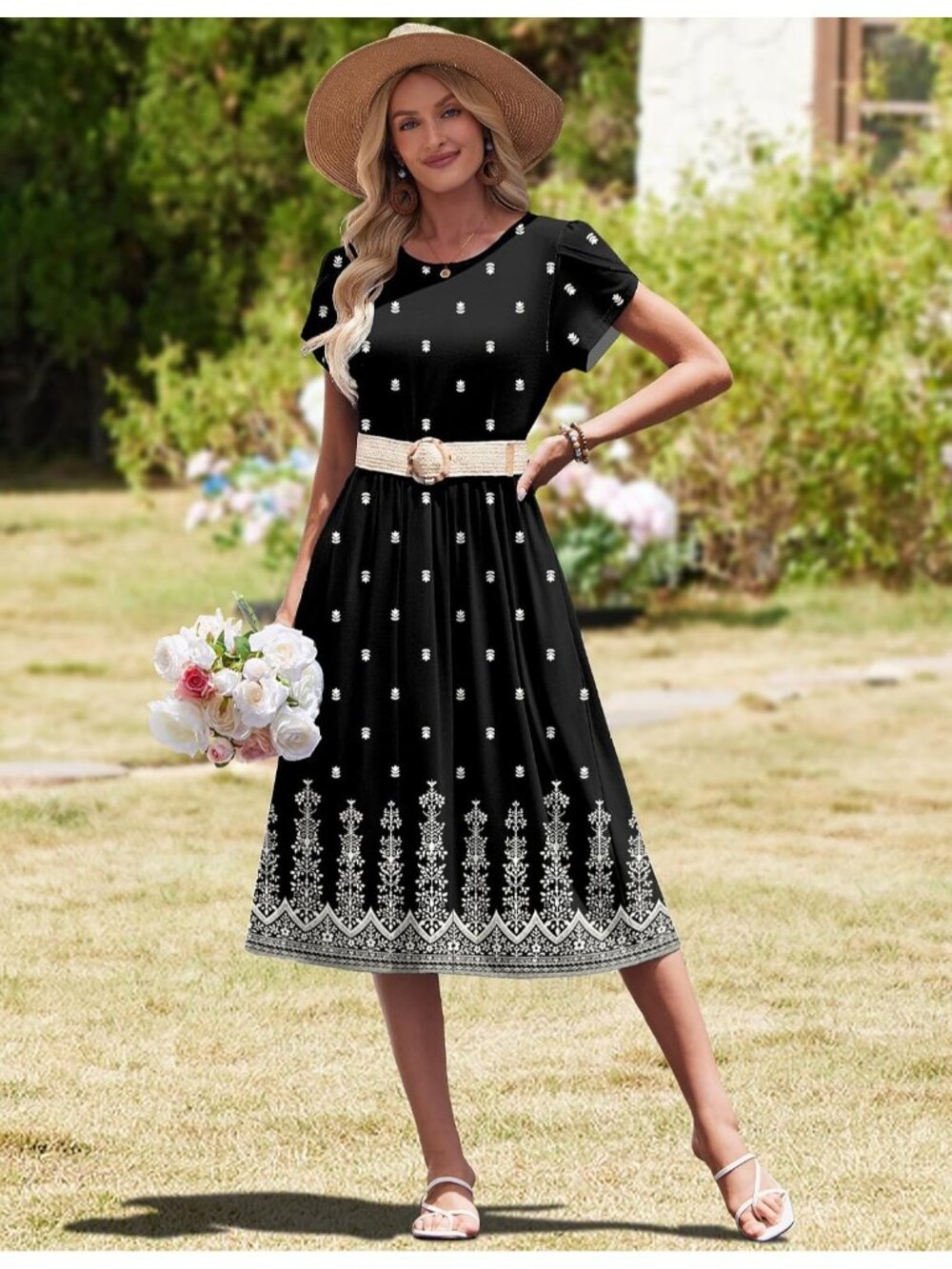 〽️Women's Black Floral Short Sleeve Midi Dress A Line Summer Dress with Pockets - Picture 6 of 6
